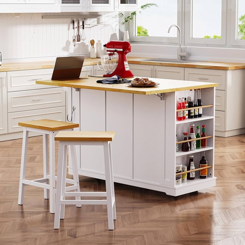 Rolling Kitchen Island with Integrated Side Racks and Bar Stools