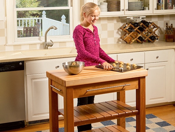 Rolling Kitchen Island Wood Butcher Block Top with Slatted Shelves