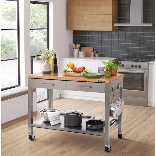 Rolling Kitchen Island Workcenter with Butcher Block Top and Drawers