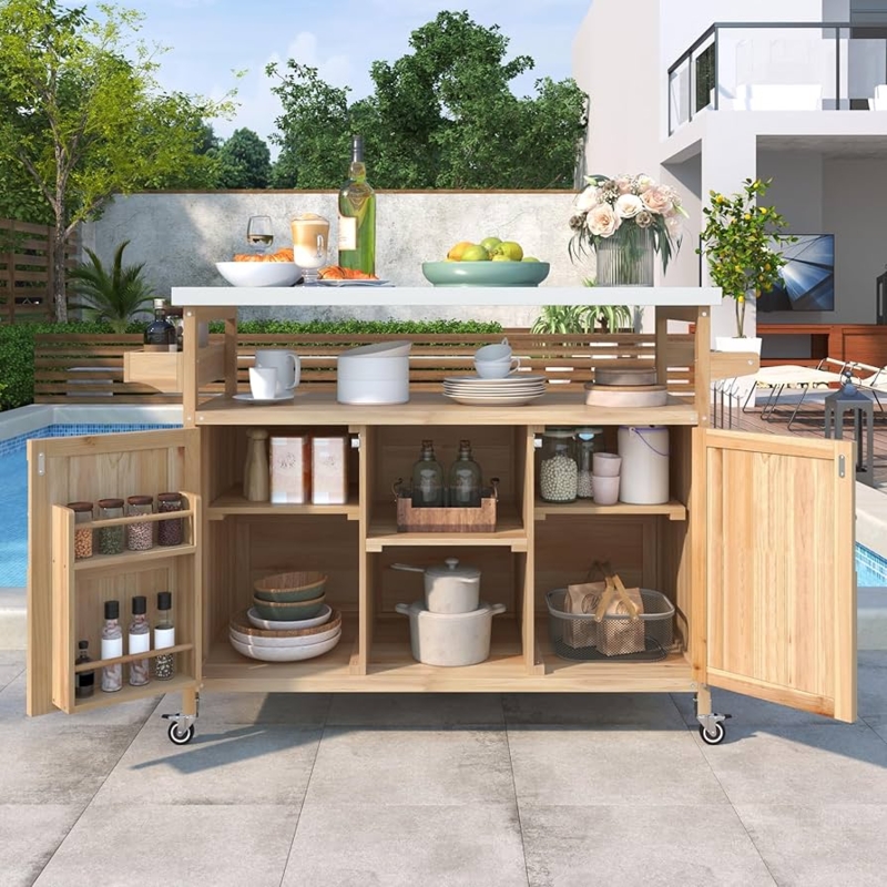 Rolling Outdoor Kitchen Island with Stainless Steel Top and Shelves