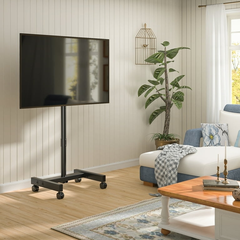 Rolling TV Stand in Matte Black Metal, Adjustable Height Mount.
