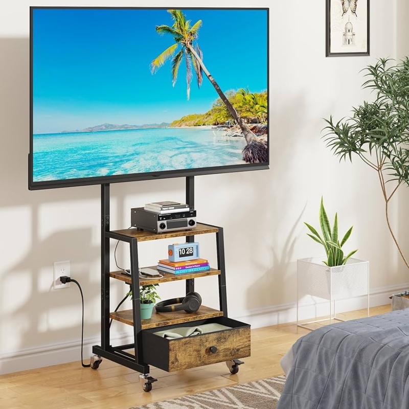 Rolling TV Stand with Fabric Storage Drawer and Power Strip.