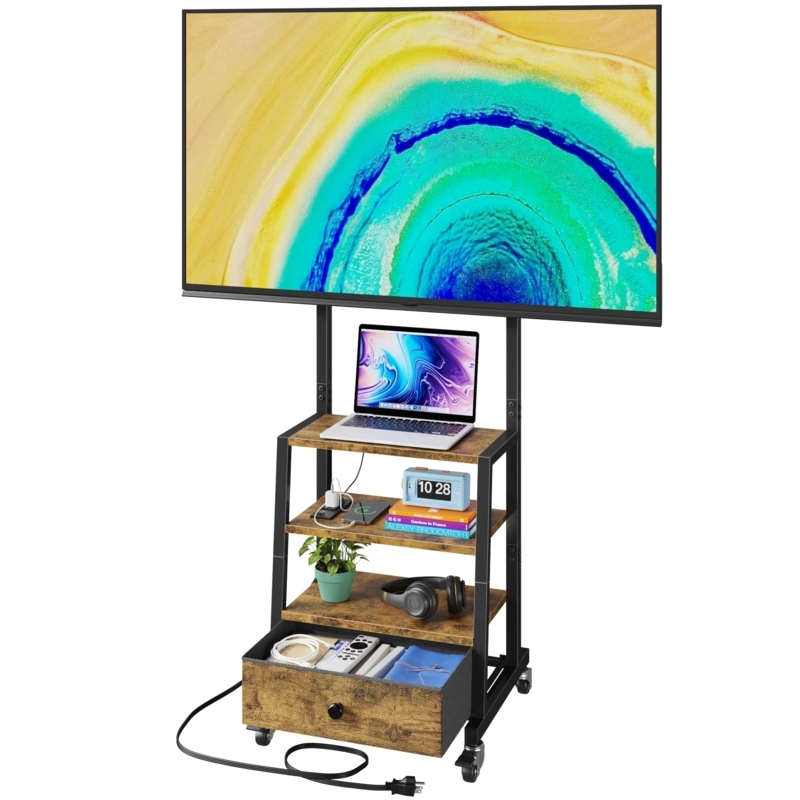 Rolling TV Stand With Mount, Fabric Drawer, Integrated Power