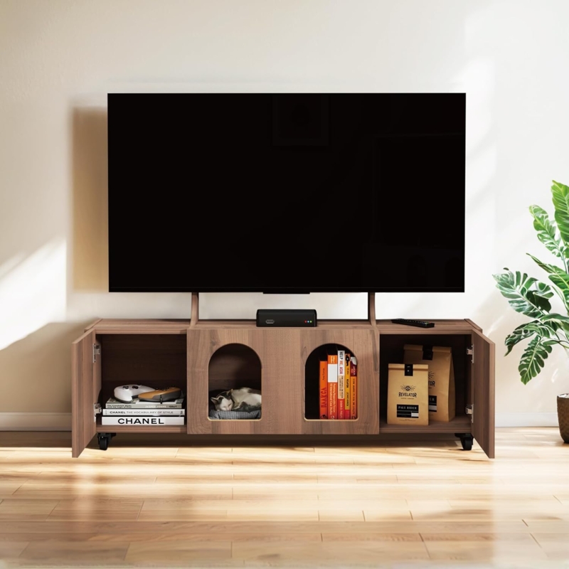 Rolling Walnut TV Stand, Arched Openings, Low Profile Wood