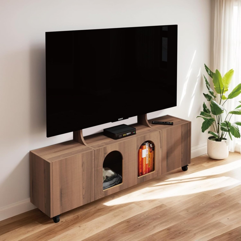 Rolling Walnut TV Stand, Integrated Riser, Arched Cubbies