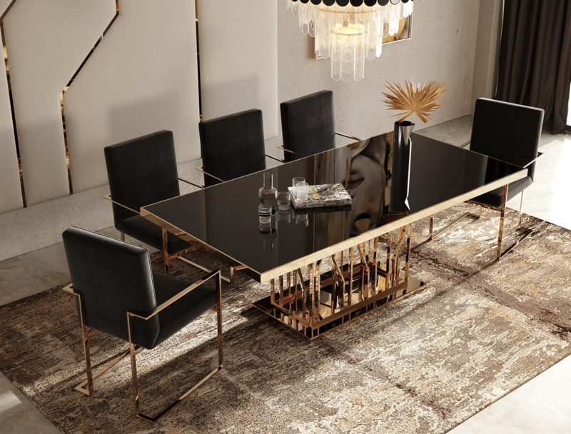 Rose Gold Geometric Base Dining Table Black Glass Top Glam Style