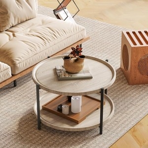 Round 2-Tier Coffee Table in Light Oak featuring Raised Tray Edges