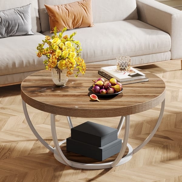 Round 2-Tier Coffee Table, Modern Marble Look Top, Mixed Materials
