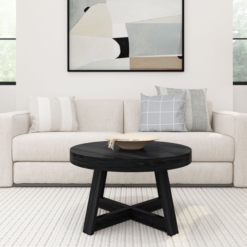 Round Black Coffee Table with Charcoal Finish and X-Base Design