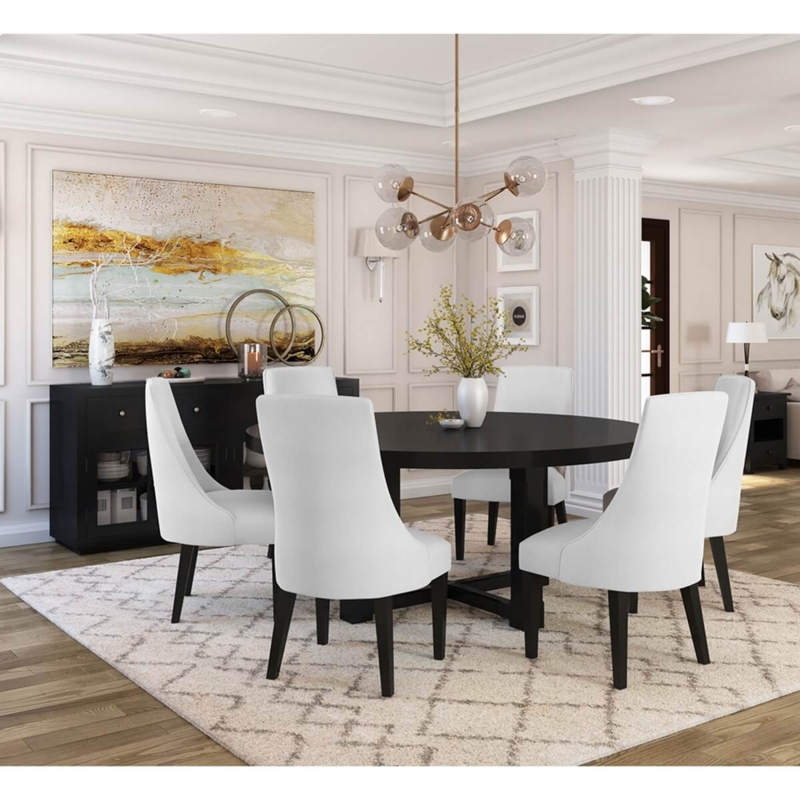 Round Black Dining Table Set: High Contrast White Curved Back Chairs, 8 Piece