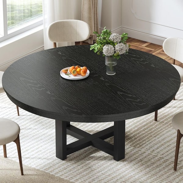 Round Black Dining Table Wood Grain Cross Pedestal Base