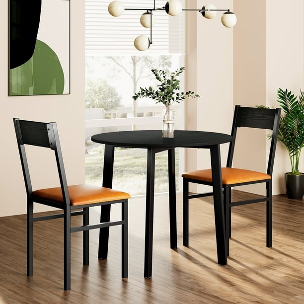 Round Black Kitchen Table Tan Leather-Like Chairs Minimalist Design