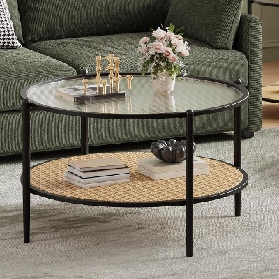 Round Black Metal Coffee Table with Water-Wave Glass and Rattan Shelf