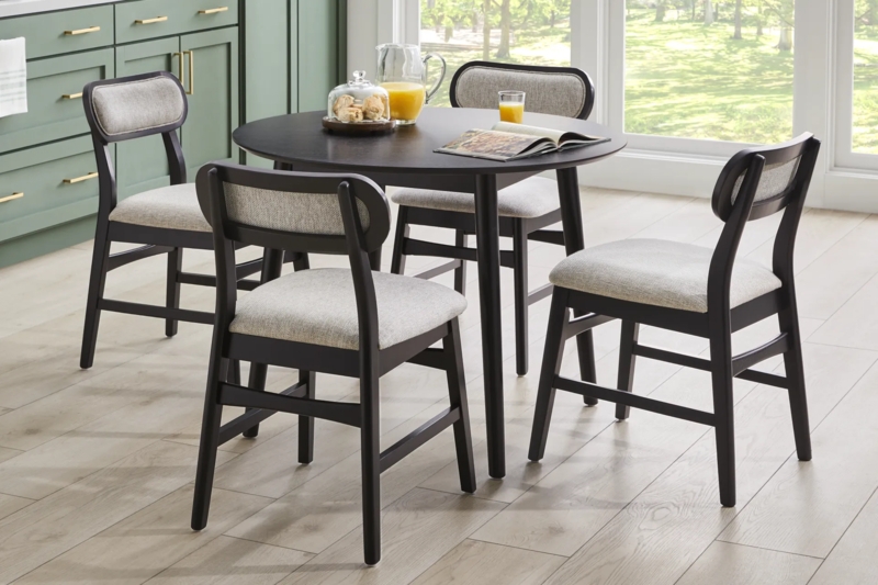 Round Black Pedestal Dining Set with Beige Chairs