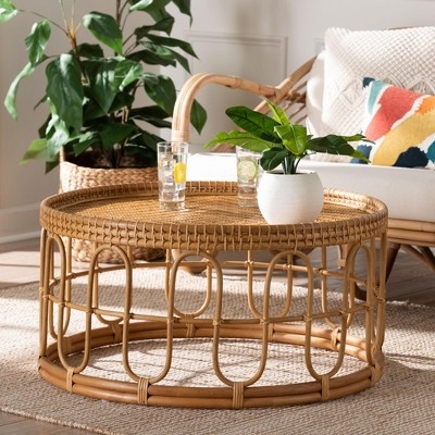Round Boho Coffee Table with Looping Base and Cane Tray Top