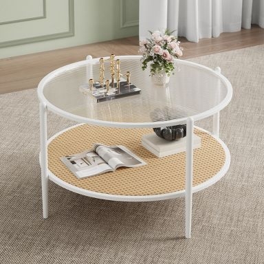 Round Boho Coffee Table with Ribbed Glass Top and Woven Cane Shelf
