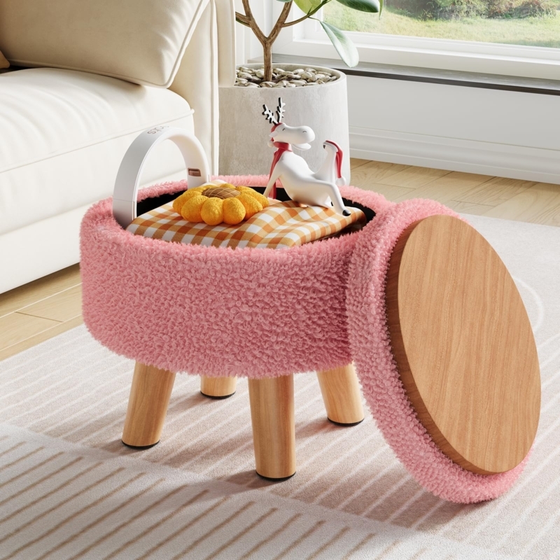 Round Boucle Storage Ottoman with Tapered Wood Legs
