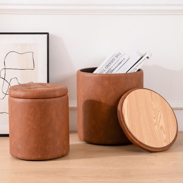 Round Brown Storage Ottoman Set, Button Tufted Faux Leather