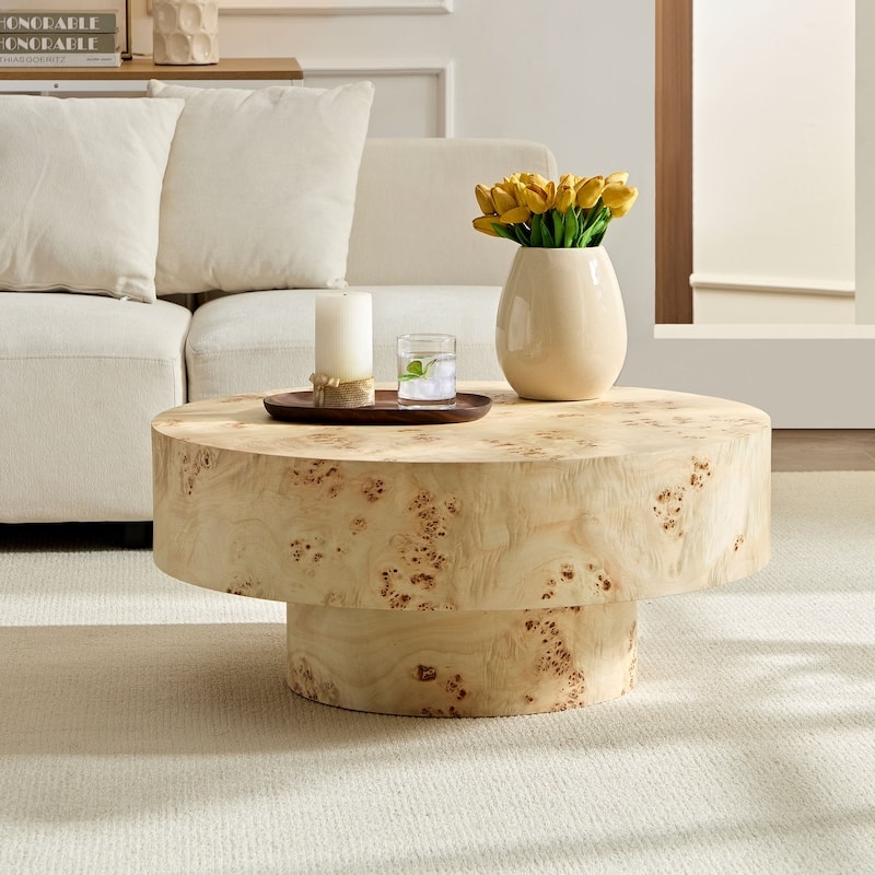 Round Burl Coffee Table, Thick Top Pedestal Base in Matte Finish