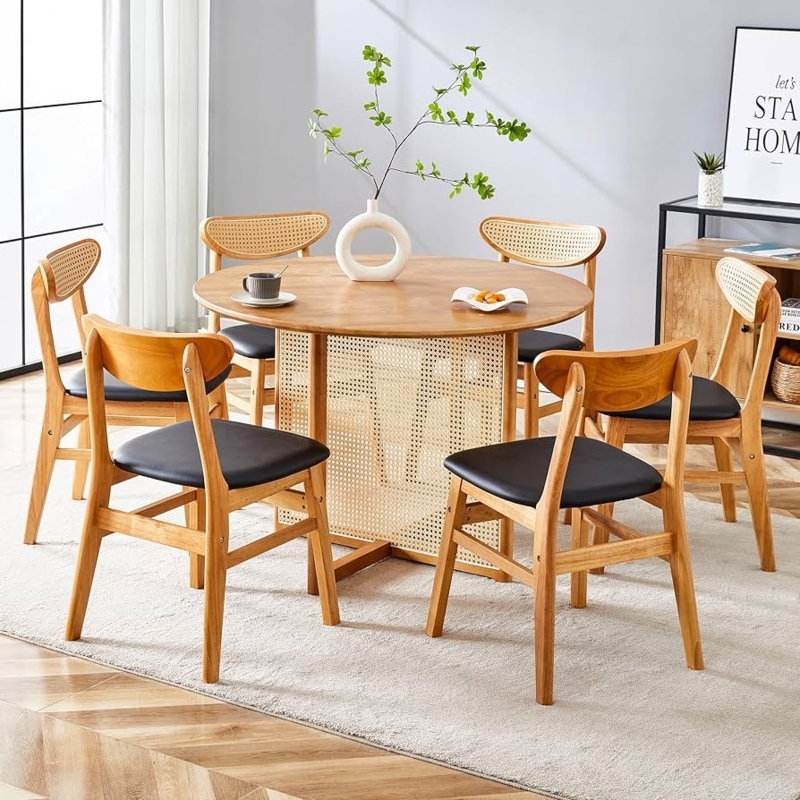 Round Cane Dining Table Set with Rattan Pedestal Base