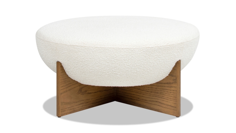 Round Cocktail Ottoman, Ivory Boucle with Natural Wood X-Stretcher Base