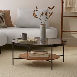 Round Coffee Table Black Steel Frame Walnut Shelf Minimalist