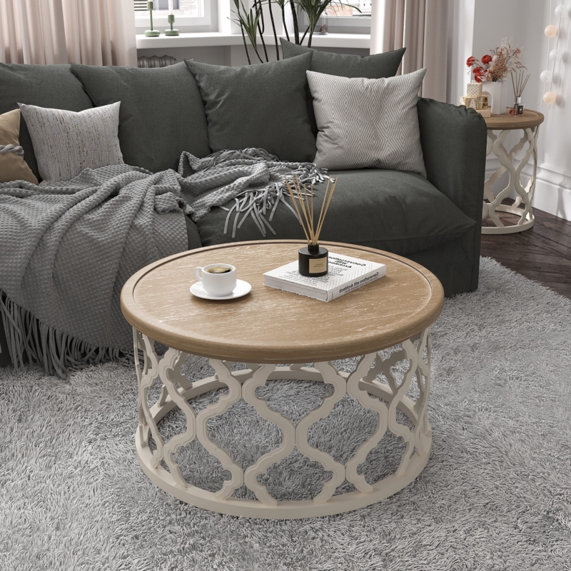 Round Coffee Table Cream Fretwork Base Distressed Wood Tray Top