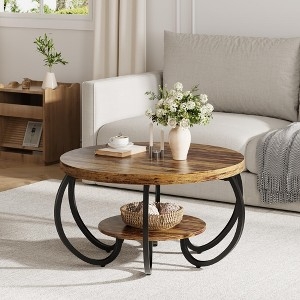 Round Coffee Table Curved Black Metal Legs Rustic Wood Two Tier Shelf