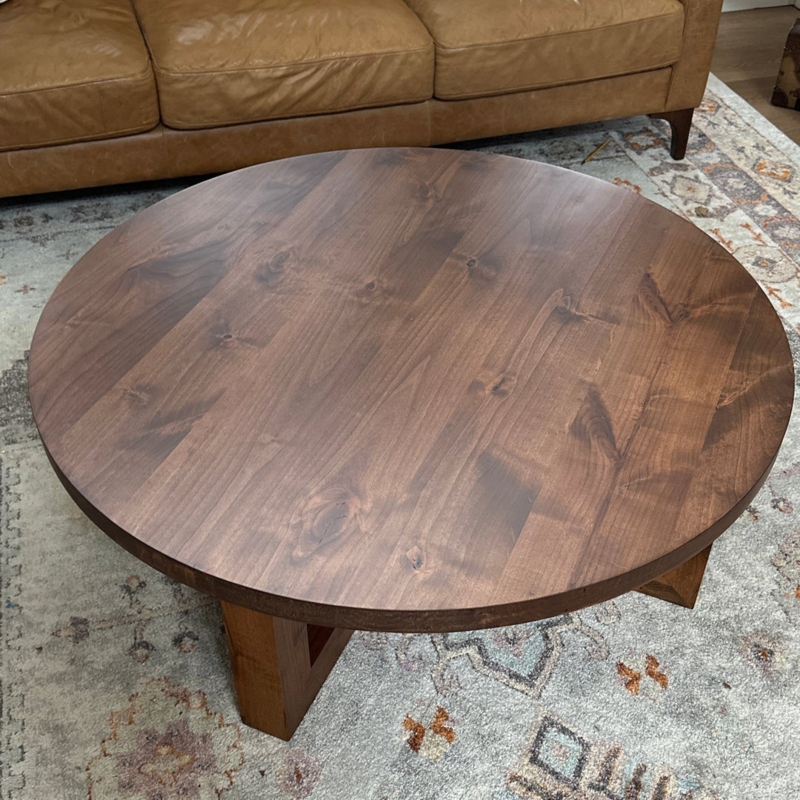 Round Coffee Table Dark Wood Thick Top Chunky Interlocking Cross Base