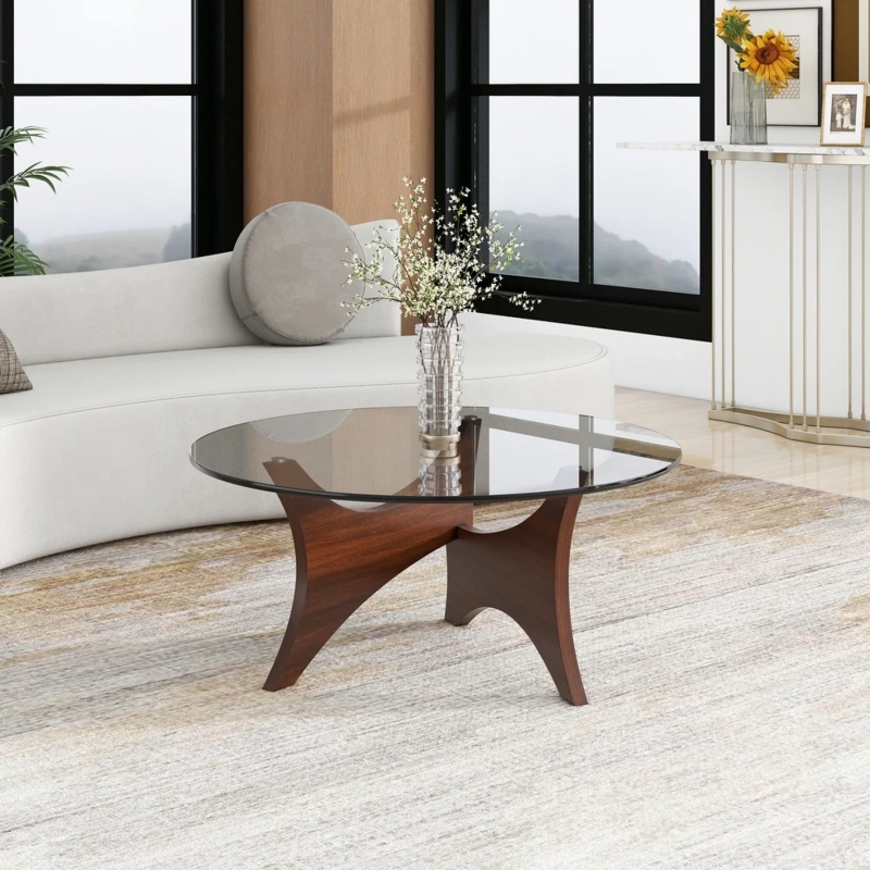 Round Coffee Table Glass Top Noguchi Style Sculptural Base