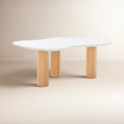Round Coffee Table, Low Profile Stone-Like Top, Black Metal Frame