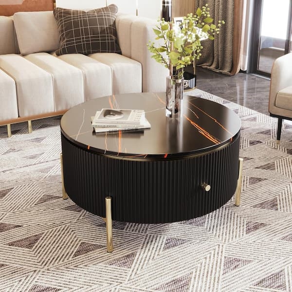 Round Coffee Table, Orange Marble Veining Top, Fluted Base, Storage Drawers
