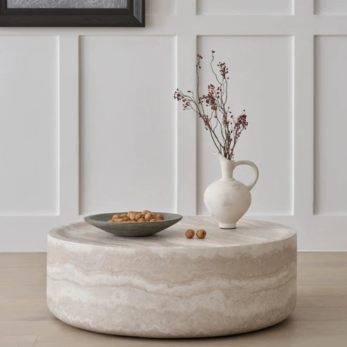 Round Coffee Table Pitted Stone Texture Cylindrical Base