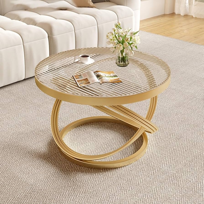 Round Coffee Table: Polished Gold Infinity Base with Ribbed Details