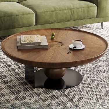 Round Coffee Table, Radial Wood Grain, Asymmetrical Pedestal Base