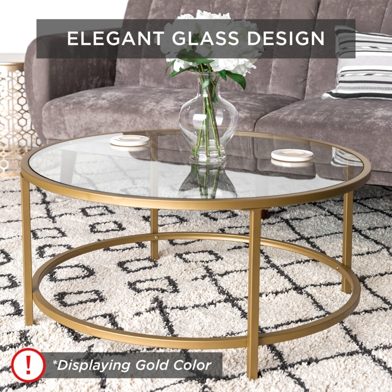 Round Coffee Table: Satin Gold Frame with Distinctive Circular Base Ring
