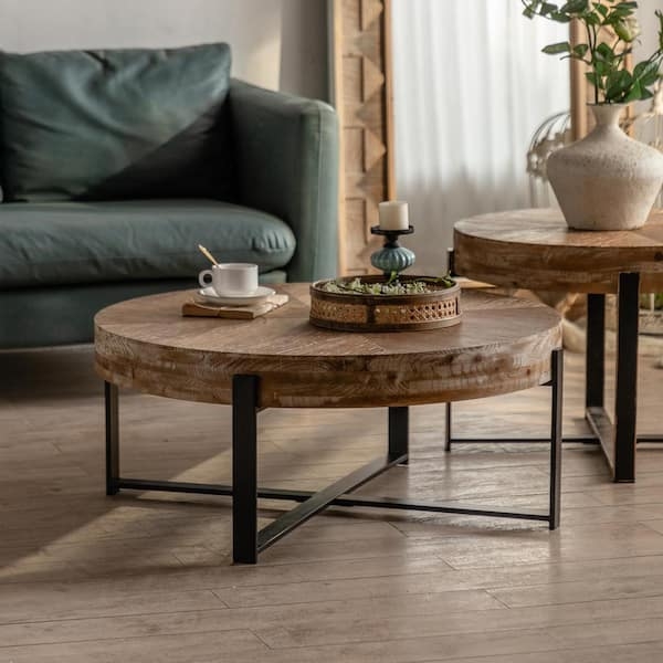 Round Coffee Table Set Nesting Spliced Wood Tops Metal Cross Base