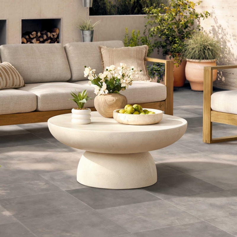 Round Coffee Table Stone Like Pedestal Base Monolithic Concrete Look