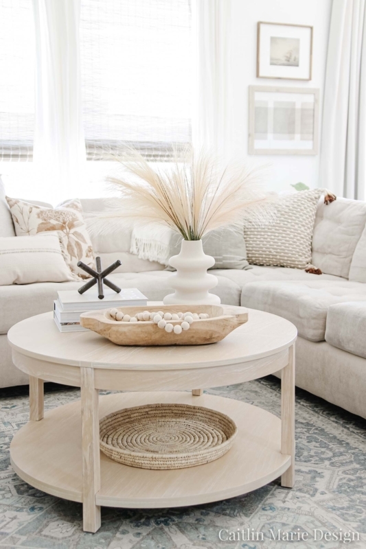 Round Coffee Table Thick Column Pedestal Natural Wood Transitional