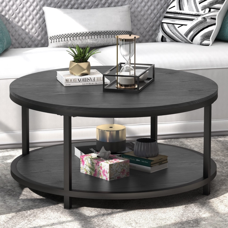 Round Coffee Table Two Tier Design Metal Frame Open Storage