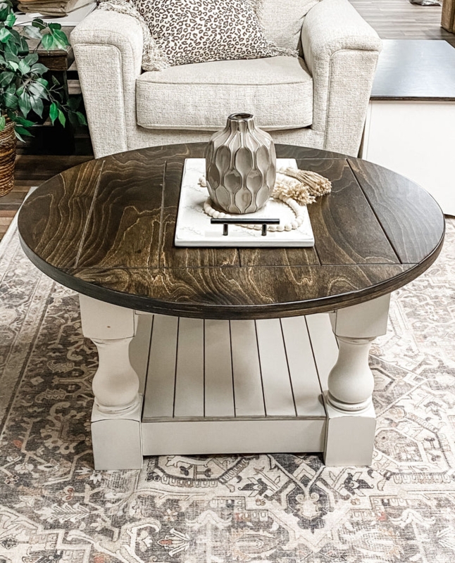 Round Coffee Table Two Tone Baluster Legs Slatted Lower Shelf