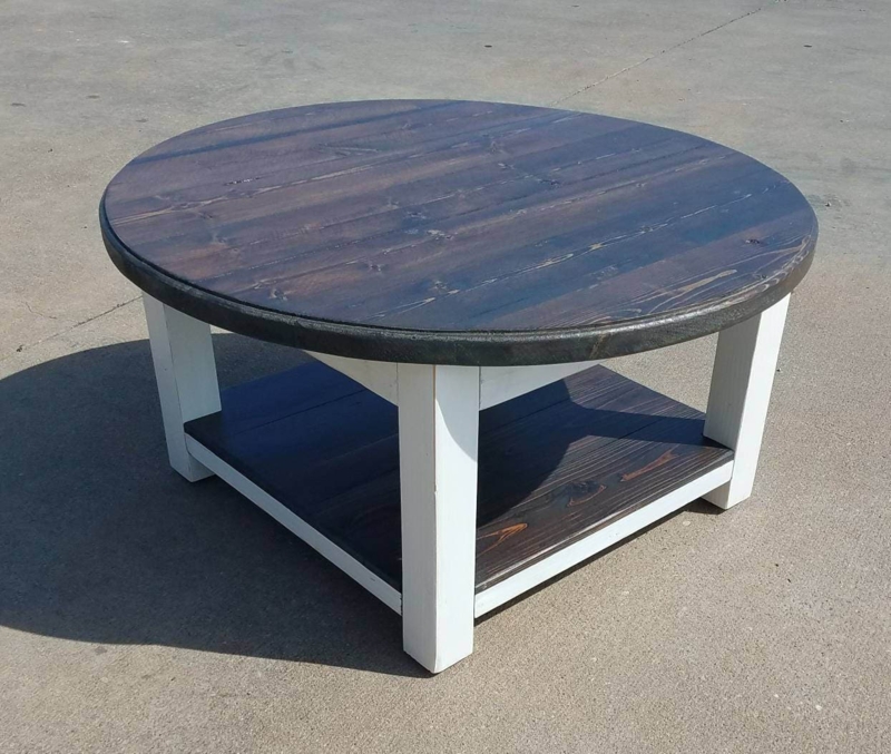Round Coffee Table Two Tone Walnut Top White Base Square Lower Shelf