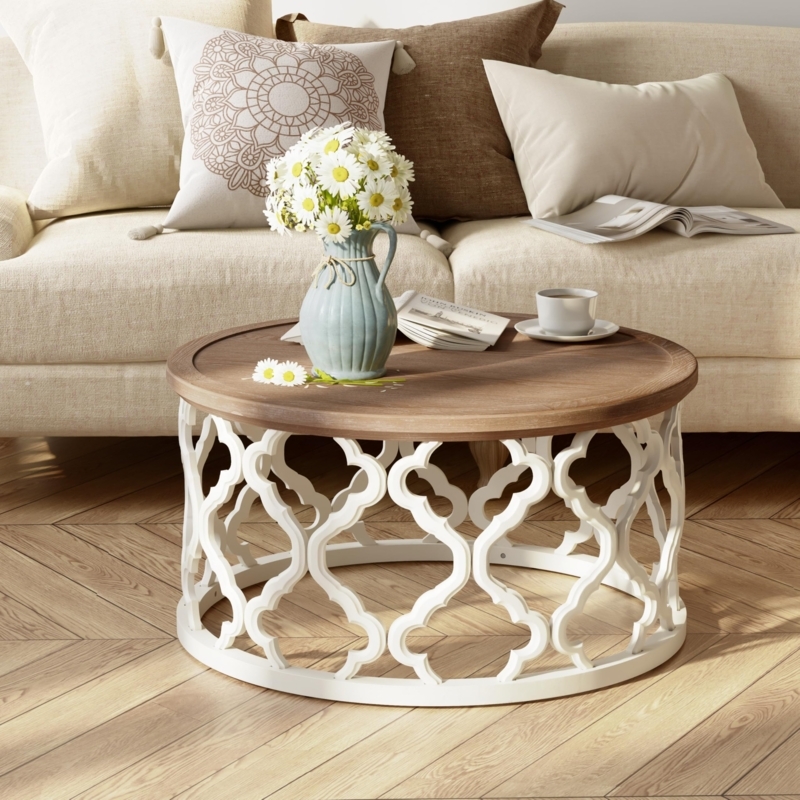Round Coffee Table White Curved Motif Base Wood Tray Top