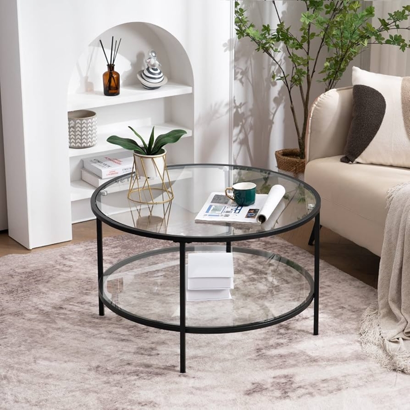Round Coffee Table with 2-Tier Glass Storage and Black Metal Frame