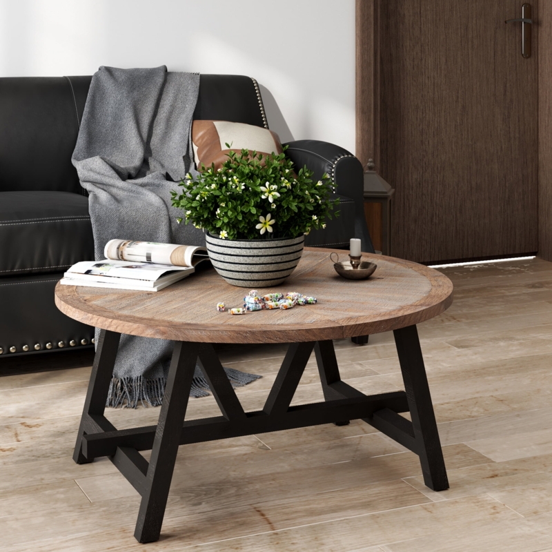 Round Coffee Table with Black Geometric A-Frame Base and Wood Top