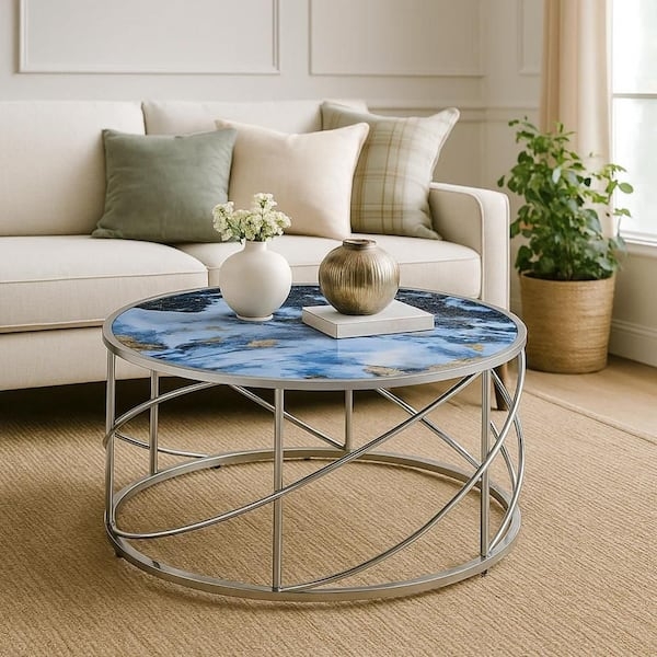 Round Coffee Table with Blue Faux Marble Top and Open Chrome Drum Base