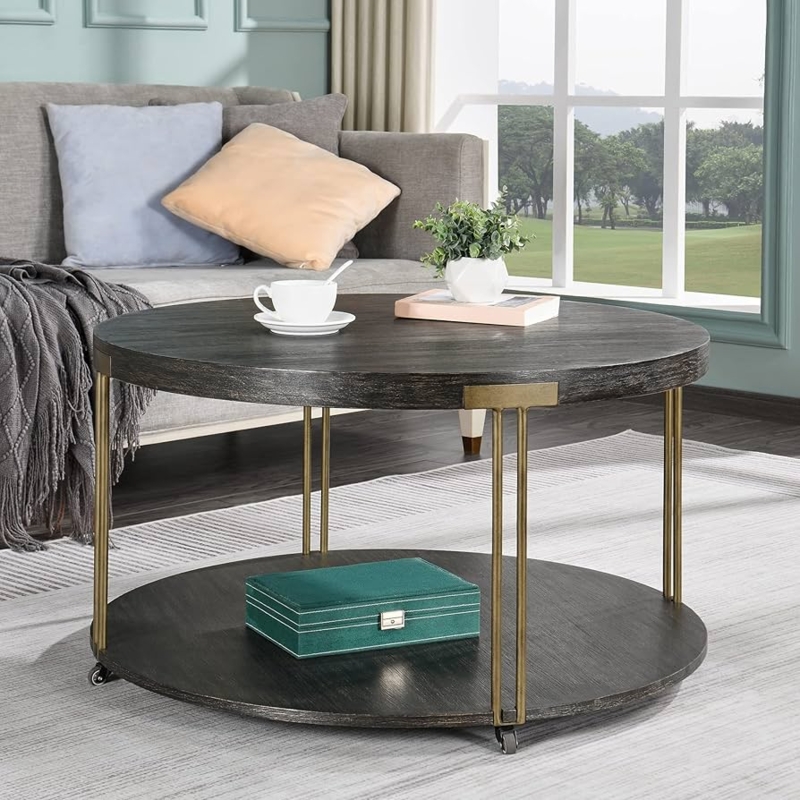 Round Coffee Table with Casters and Double-Rod Legs Two-Tier