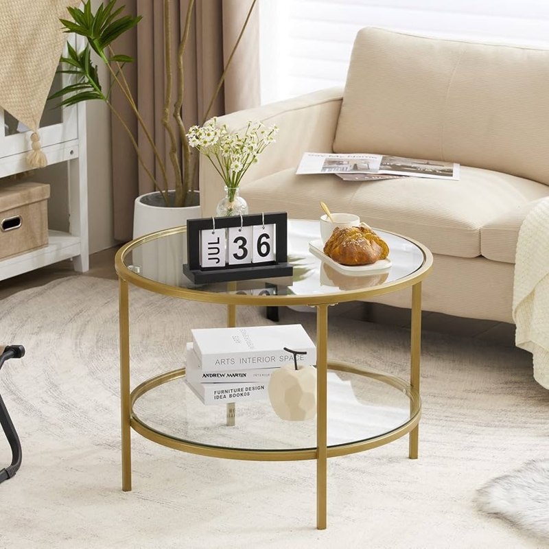 Round Coffee Table with Champagne Metallic Frame and Double Glass Shelves