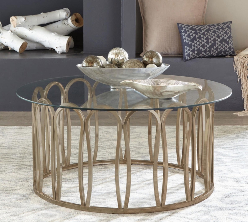 Round Coffee Table with Clear Glass Top and Chocolate Chrome Arched Base