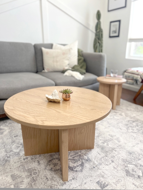 Round Coffee Table with Cross Pedestal Base, Light Oak Scandinavian Design